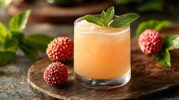 Refreshing Lychee Cocktail with Mint Garnish in a Rocks Glass. A close up image of a summery drink perfect for a menu or blog. photo
