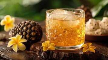 Refreshing Tropical Drink with Ice in a Patterned Glass. A close up shot of a golden beverage surrounded by tropical flowers and fruits. photo