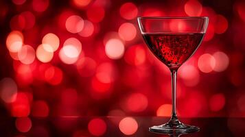 Sparkling Red Wine in a Crystal Glass Against a Red Bokeh Background. A Festive Image Perfect for Celebrating Special Occasions. photo