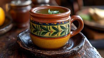 A Close Up of a Handcrafted Mug Filled with Herbal Tea, Resting on a Rustic Wooden Surface. photo