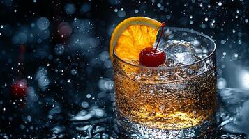 refrescante cóctel con naranja y Cereza adornar en un rocas vaso. foto