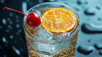 Close up of a refreshing drink with orange slice and cherry. A sparkling beverage in a glass, perfect for summer. photo