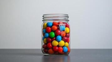 A Glass Jar Filled with Colorful Candy Balls. A close up image of assorted candies in a clear jar on a dark surface. photo