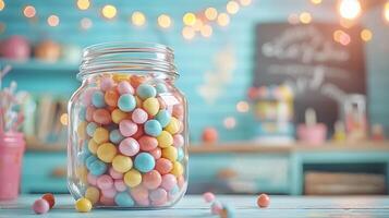 Pastel Candy in a Glass Jar on a Wooden Table with a Bokeh Background. photo