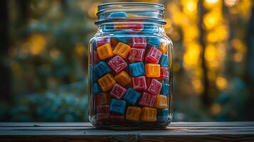 Colorful Candy Cubes in a Glass Jar, Outdoors Setting. A close up image of a mason jar filled with square candies in assorted colors, positioned on a rustic wooden surface. photo