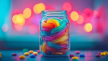 Rainbow Candy in a Glass Jar with Colorful Bokeh Background. A vibrant close up of colorful candies. photo