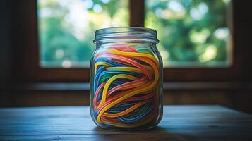 Colorful Candy Strings in a Glass Jar on Wooden Table. A close up image of a jar filled with vibrant, twisted candies. photo