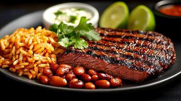 Grilled Steak Dinner with Rice, Beans, and Lime Wedges. A close up shot of a delicious and savory meal. photo