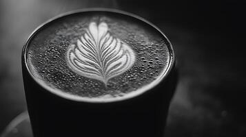 Close up of a steaming cup of coffee with latte art. A black and white photograph showcasing the intricate details of the coffee's foam and condensation. photo