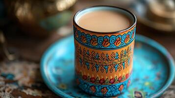 Close up of a Decorative Mug Filled with Tea on a Matching Saucer. photo