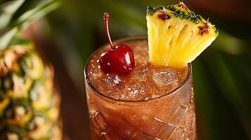 Close up of a refreshing tropical cocktail garnished with pineapple and cherry. photo