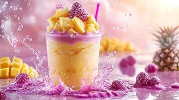 Refreshing Pineapple Raspberry Smoothie Splashing in a Glass. photo