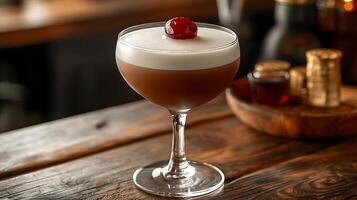 Close up of a delicious cocktail garnished with a cherry on a rustic wooden table. photo