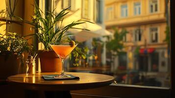 A Refreshing Cocktail Enjoyed by a Window with a City View at Sunset. photo