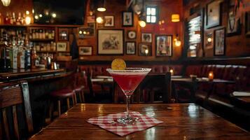 Cosmopolitan Cocktail on Wooden Table in a Cozy Bar Setting. A close up image of a vibrant pink cocktail garnished with a lime wedge. photo