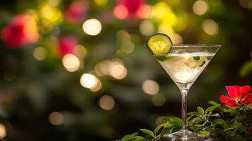 Cucumber Martini Cocktail in a Martini Glass with Bokeh Background. A refreshing summer drink garnished with a cucumber slice. photo