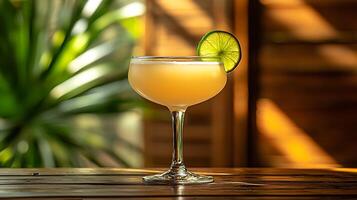 Refreshing Cocktail in Coupe Glass with Lime Garnish on Wooden Table. A close up image perfect for bar menus and drink advertisements. photo