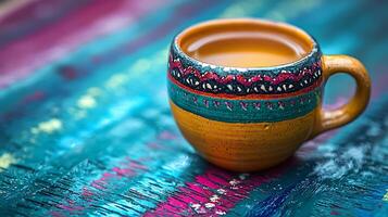 Close up of a Hand Painted Ceramic Mug Filled with a Golden Beverage on a Vibrant Artistic Background. photo
