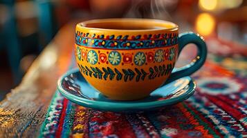 A Close Up of a Steaming Cup of Tea on a Colorful Rug. This image showcases the intricate details of hand-painted ceramics. photo