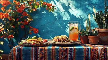 Delicious Tacos and Refreshing Drink on Vibrant Table Setting. photo