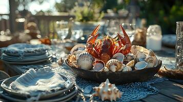 Summer Lobster Feast A Table Setting with Seashells and Rustic Charm. photo