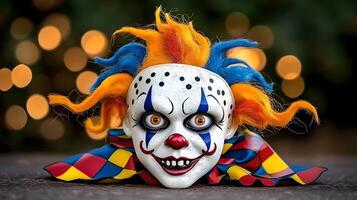 Creepy Clown Mask with Glowing Eyes and Bokeh Lights photo