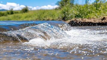 Close Up of a Fast Moving Stream with Bright Sunlight and Lush Green Background photo