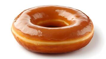 Glazed Donut on White Background A Close Up of Caramel Icing photo