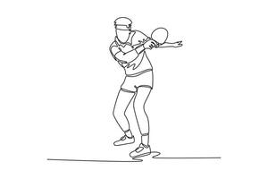 Single one line drawing male table tennis player hitting the ball with precision and power. Showing speed, focus, and reflex in modern ping pong action. Continuous line draw design illustration vector