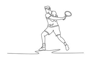 Single one line drawing professional tennis player get ready to receive the ball from opponent. Sportsman playing defense with backhand method. Continuous line draw design graphic illustration vector