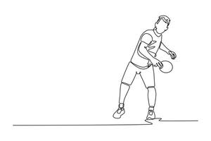 Single one line drawing male table tennis player hitting the ball with precision and big power. Performing dynamic strokes and returns in tournament. Continuous line design graphic illustration vector