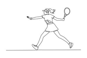 Single continuous line drawing professional female tennis player having a good game at an outdoor court. Perfect fit body, racket skills and focused. One line draw graphic design illustration vector