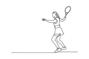Single continuous line drawing joyful female tennis player having a good game at an outdoor court. Perfect fit body, racket skills and uplifted mood. One line draw graphic design illustration vector