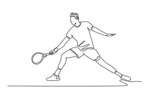 Continuous one line drawing male tennis player hitting the ball with forehand method. Sportsman practicing skills and techniques on outdoor field. Single line draw design graphic illustration vector