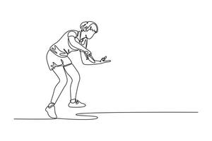 Single continuous line drawing beauty female table tennis player standing in certain position for serving ball and starting game. Sport and recreation. One line draw graphic design illustration vector