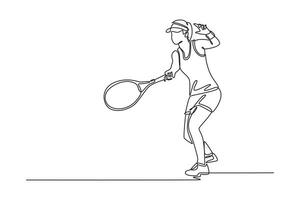 Single one line drawing professional female tennis player hitting the ball with forehand method. Athlete practicing her skills and techniques. Continuous line draw design graphic illustration vector