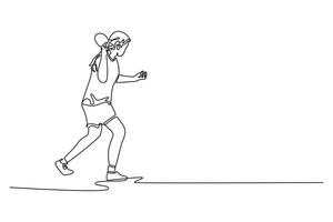 Single continuous line drawing professional female table tennis player hitting the ball with precision and power. Performing dynamic strokes in court. One line draw graphic design illustration vector