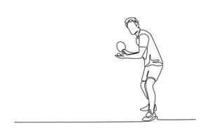 Single one line drawing male table tennis player standing for serving the ball and starting game. Sportsman training his skills and techniques. Continuous line draw design graphic illustration vector