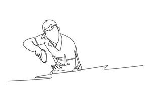 Single one line drawing professional table tennis player standing in certain position for serving ball and starting game. Sport and recreation. Continuous line draw design graphic illustration vector