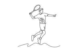 Single one line drawing tennis player jump and smash the ball with power. Motivation and competition with athlete training for game on outdoor court. Continuous line design graphic illustration vector