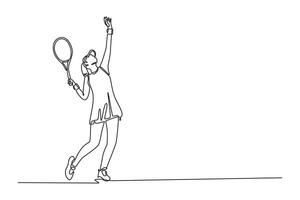 Single continuous line drawing female tennis player serves the ball with precision and power. She practicing skills and technique on national court arena. One line graphic design illustration vector