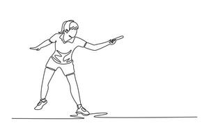 Continuous one line drawing beauty female table tennis player get ready to receive the ball from opponent. She playing defense with backhand method. Single line draw design graphic illustration vector