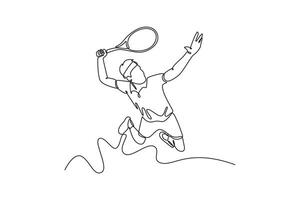 Single one line drawing top view professional tennis player jumping and hitting tennis ball with power. Workout and exercise or match, game competition. Continuous line draw design illustration vector