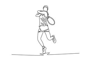 Single continuous line drawing professional woman tennis player hitting the ball with precision and power. She practicing her skills and techniques on court. One line draw design illustration vector