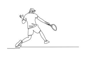 Continuous one line drawing back view tennis player get ready to receive the ball from opponent. Athlete are playing defense with backhand method. Single line draw design graphic illustration vector