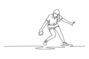 Single continuous line drawing beauty female table tennis players performing dynamic strokes and returns. Showing speed and reflex in modern ping pong. One line draw graphic design illustration vector