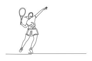 Continuous one line drawing woman tennis player serves tennis ball on court with precision and power. Perfect fit body, racket skills and uplifted mood. Single line design graphic illustration vector