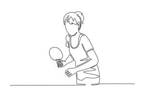 Single one line drawing table tennis player woman, ready for game, training or exercise in development, concentration or focus. Sport activity. Continuous line draw design graphic illustration vector