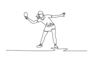 Single continuous line drawing female table tennis players performing strokes and returns. Showing speed, focus, and reflex in indoor hall tournament. One line draw graphic design illustration vector