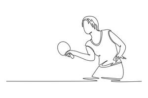 Single continuous line drawing female table tennis player blocking opponent smash attack. Ping pong athlete in championship international competition. One line draw graphic design illustration vector